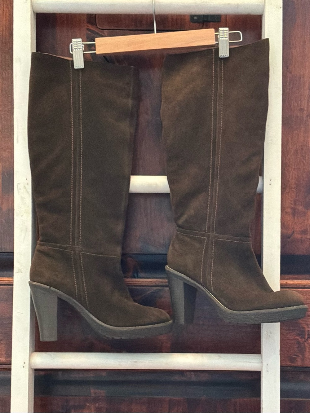 envy Olive Suede Knee-High Block Heel Boots